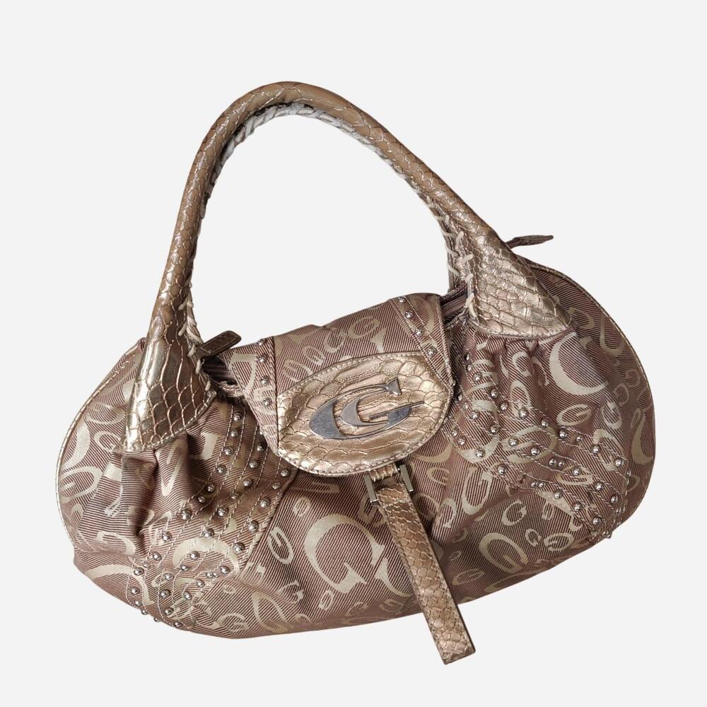 Y2K Brown & Tan Snake Print Studded Handbag with repeating 'G' logo pattern